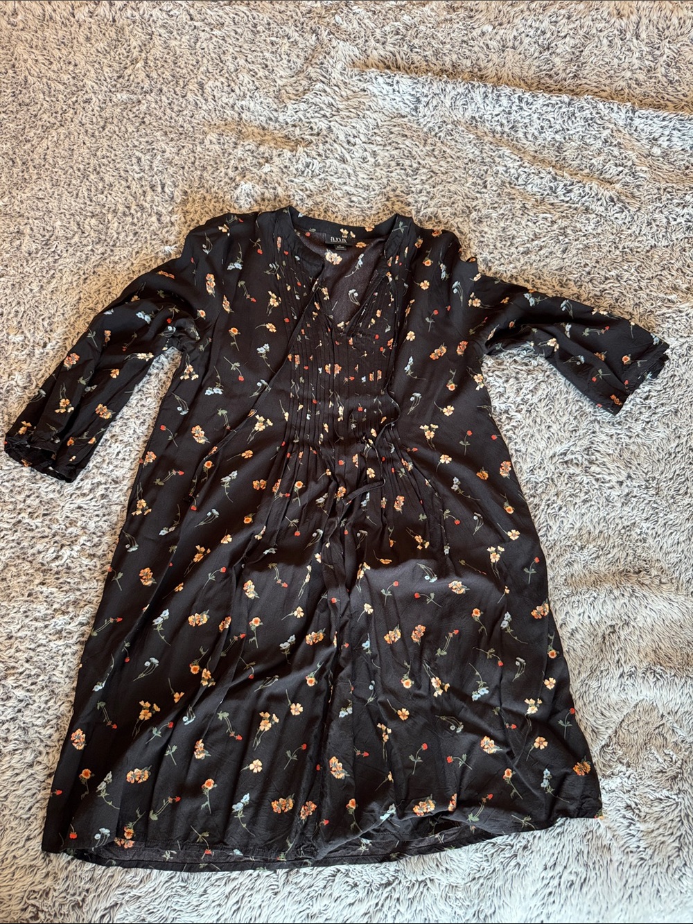 a.n.a Black Long Sleeve Floral Pintuck Dress